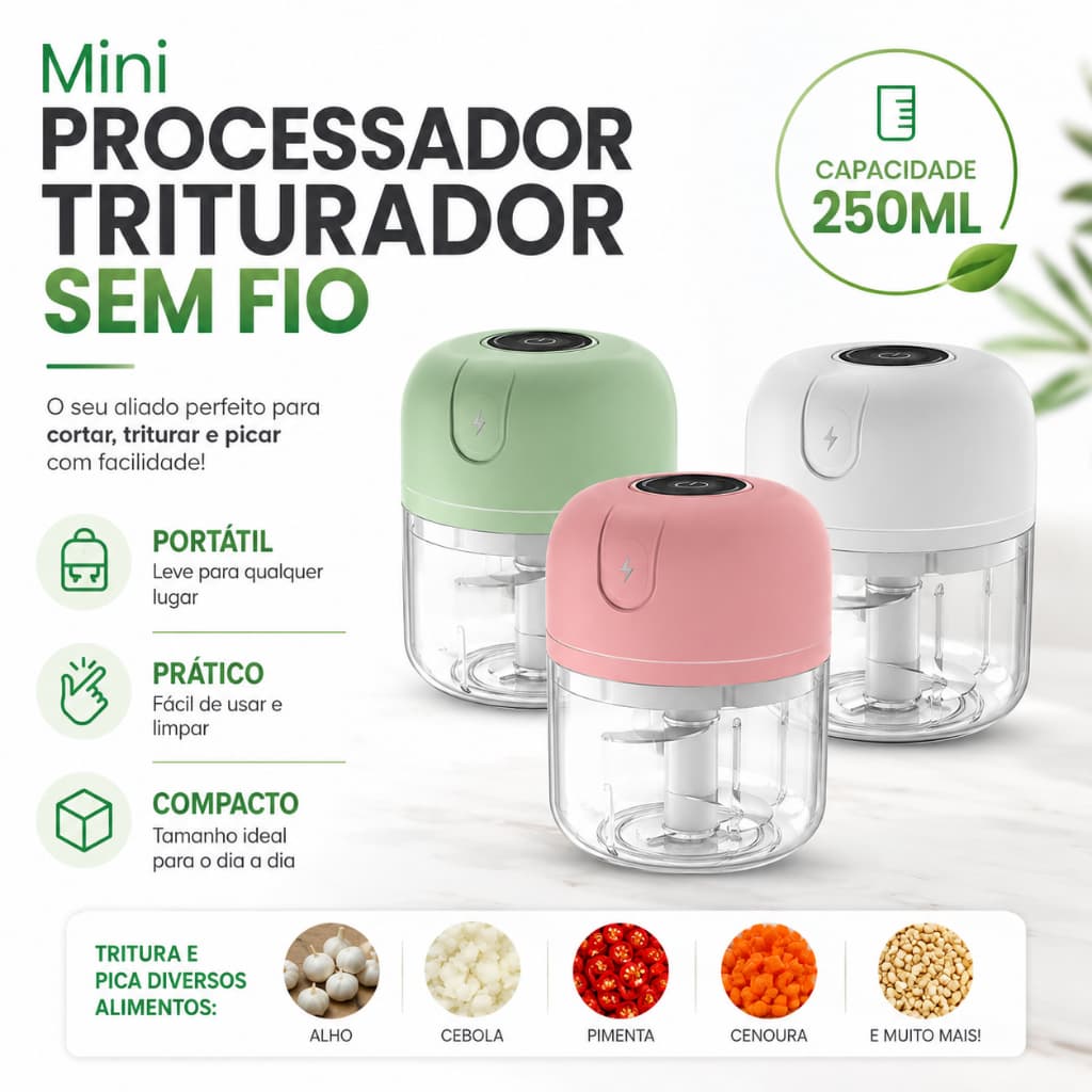 Mini Processador Triturador Sem Fio Elétrico 250ML De Alimentos Para Legumes Alho