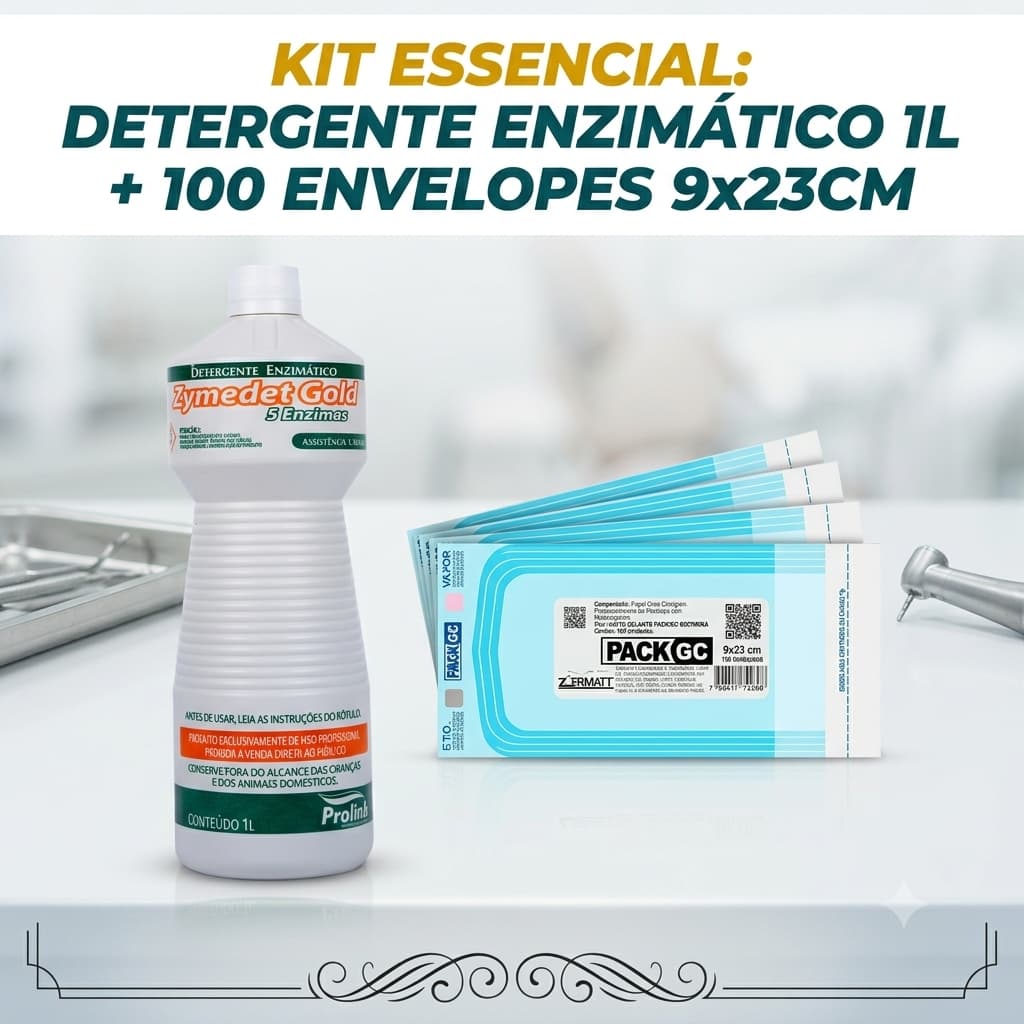 Kit Detergente Enzimático 1L + 100 Envelope Para Esterilização 9x23cm Manicure Odonto Instrumental