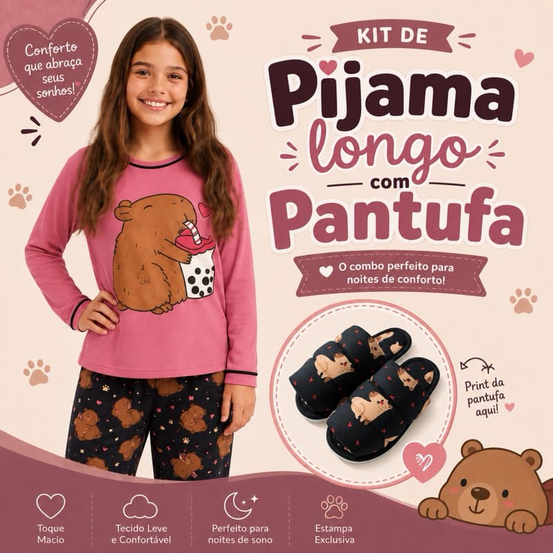 kit pijama longo adolescente + pantufa de capivara pijama de inverno infantil