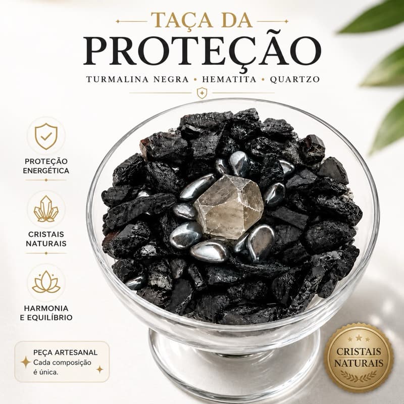 Taça da Proteção com Turmalina Negra Hematita Quartzo Cristais Naturais Sal Grosso Feng Shui Proteção Energética