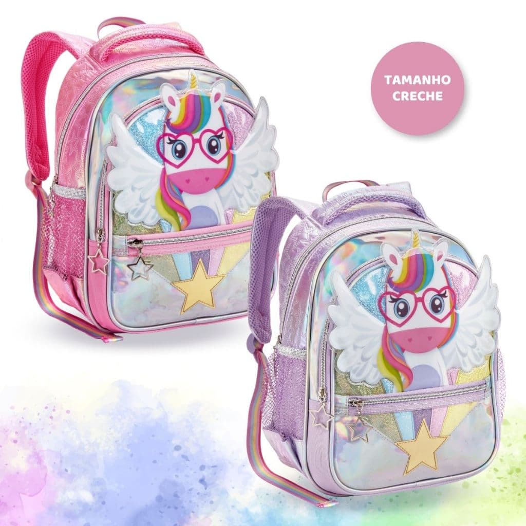 Mochila Unicórnio Asa 3D Infantil Menina Creche Passeio Pequena 13' Denlex