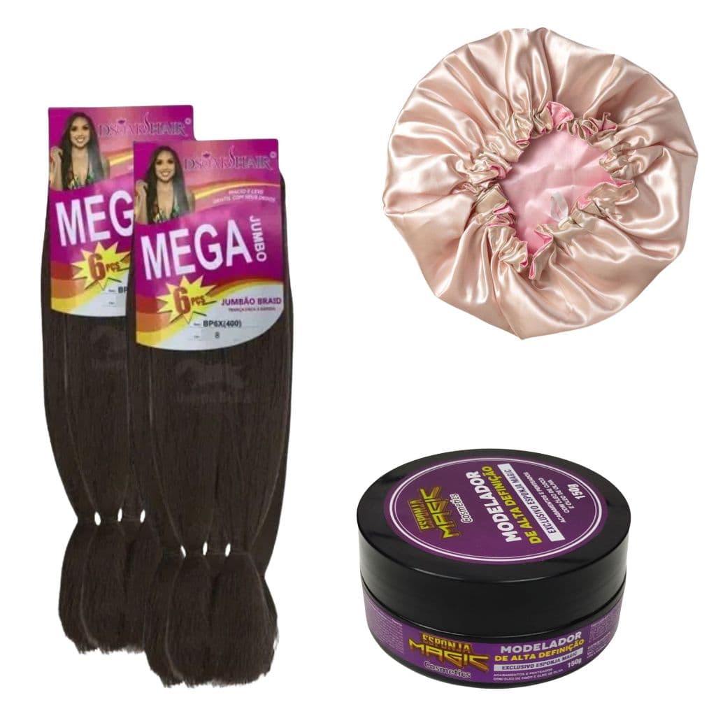 Kit Trança Castanho cor 8- 2Jumbos Super X + Touca de Cetim Dupla Face + Pomada Modeladora 150g