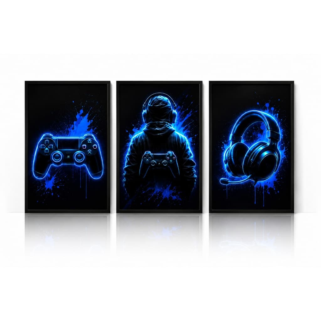 Kit 3 Quadros Gamer Neon Azul Controle Headset Decoração Quarto Gamer