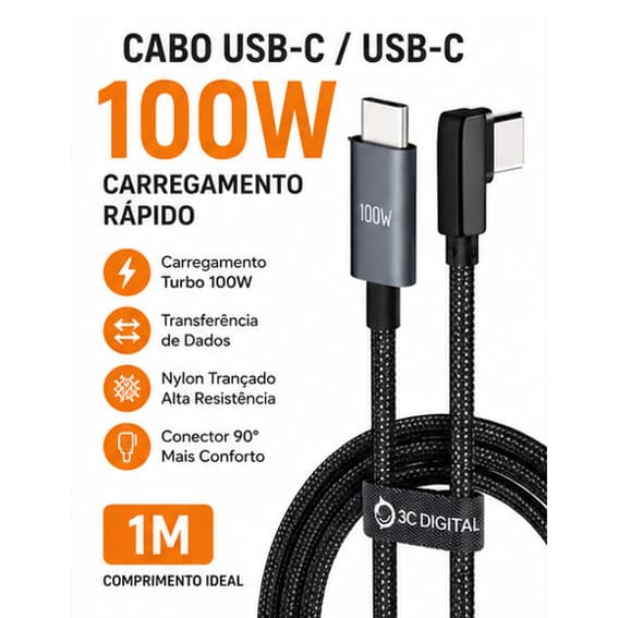 Cabo USB C 100W 90 Graus Carregamento Rápido Cabo Dados Tipo C Nylon Reforçado