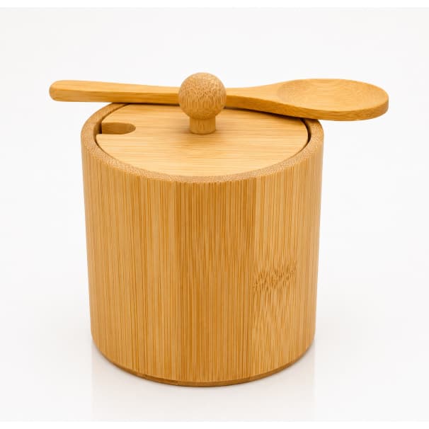 Pote de Bambu com Colher e Tampa | Açucareiro Porta Café Porta Temperos Organizador Cozinha Premiu