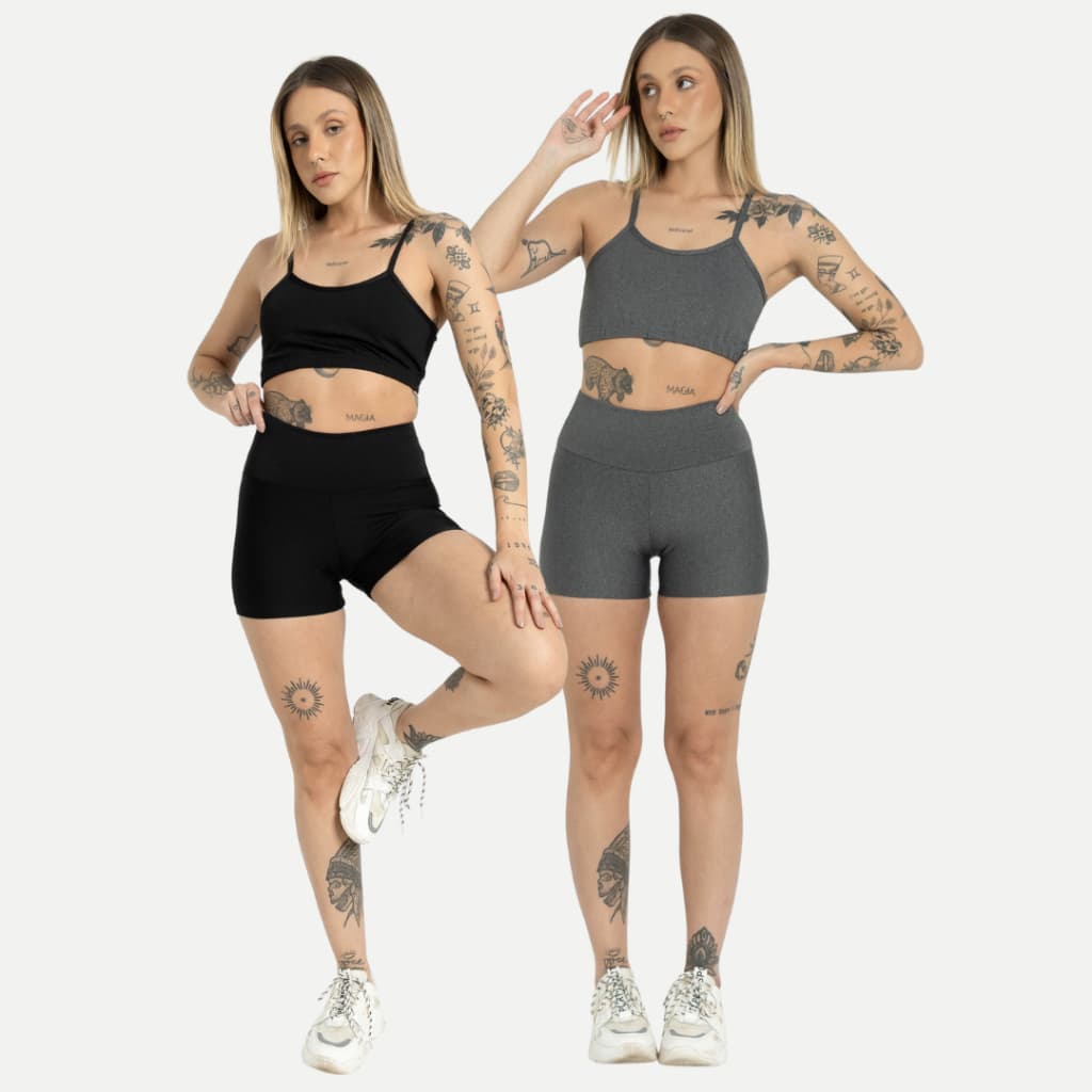 Conjunto Feminino Academia Top Alça Fina Sem Bojo e Short Cintura Alta Suplex Zero Transparência