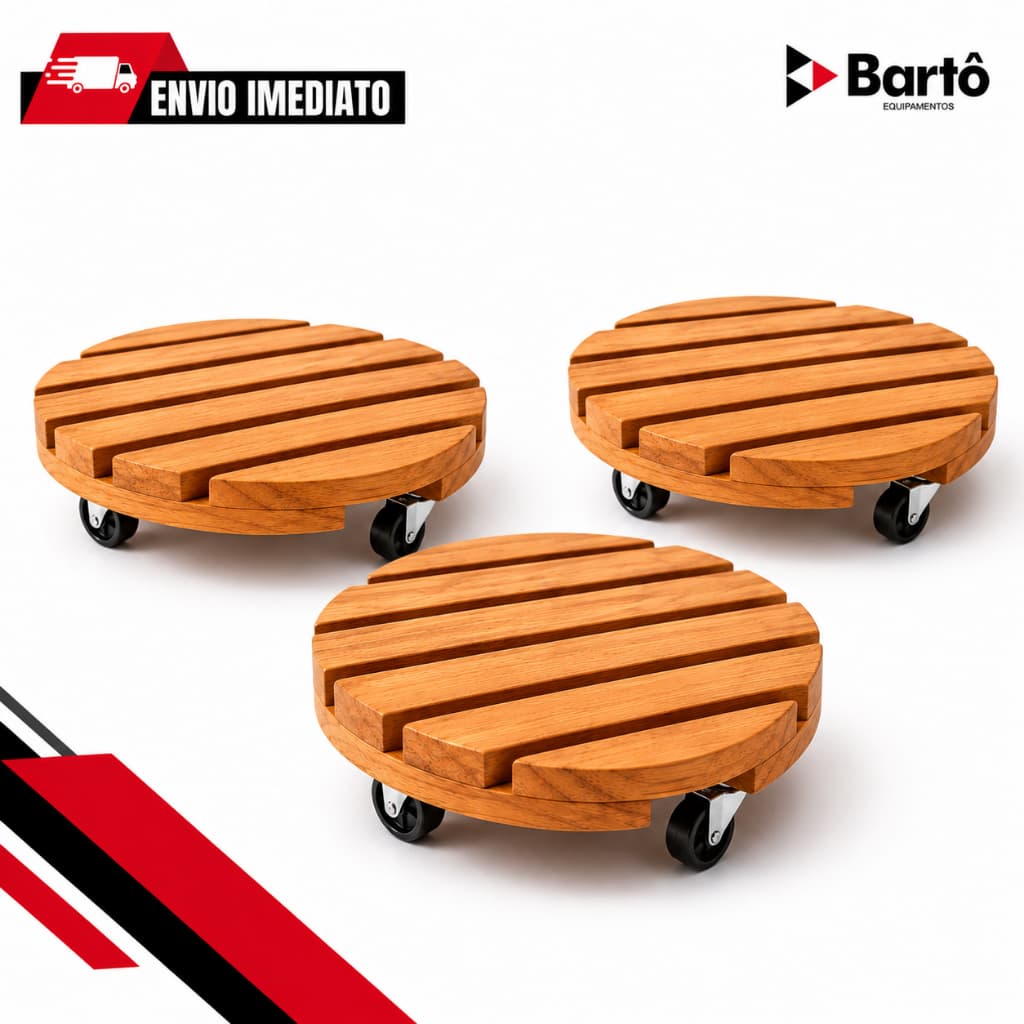 Kit 3 Suportes Redondo Madeira Com Rodinhas Para Botijão Ou Vaso De Planta 30CM Suporta Até 80 kg