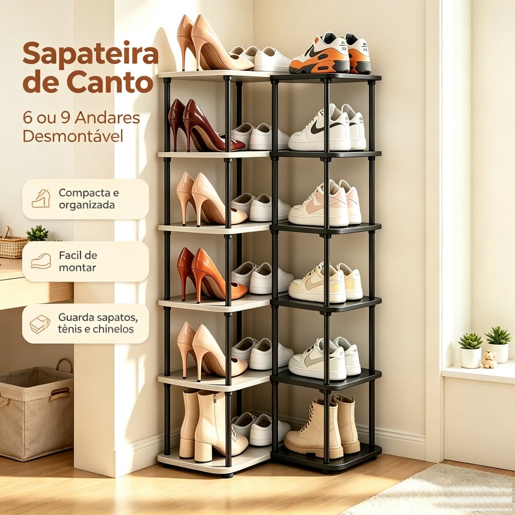 Organizador de Sapatos de Canto 6/9 Andares, Sapateira Compacta Desmontável, Economiza Espaço para Calçados