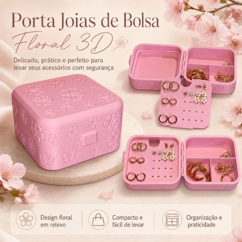 Porta Joias de Bolsa Floral 3D com Divisórias para Brincos, Anéis e Acessórios - Organização e Praticidade - Viagem