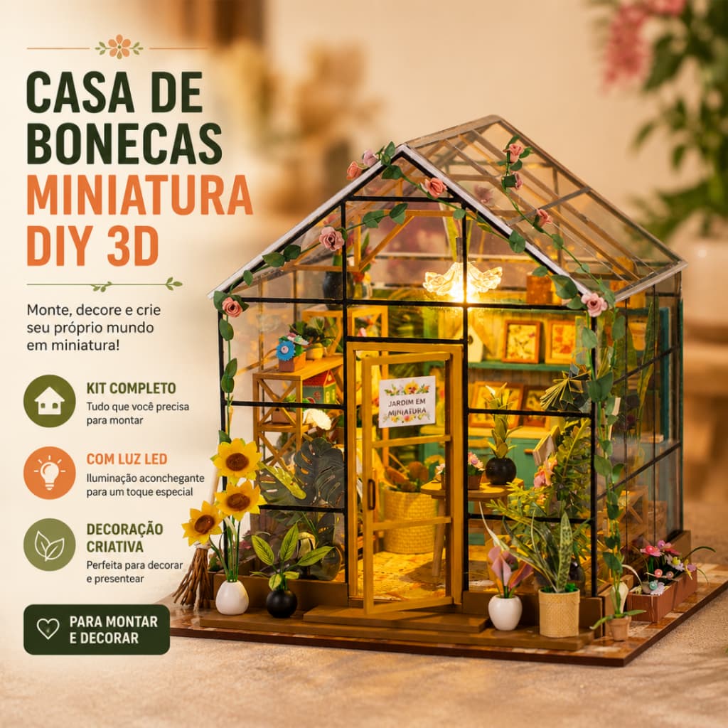 Kit Casa de Bonecas Miniatura DIY 3D Estufa de Flores com Móveis e Luz LED para Montar e Decorar