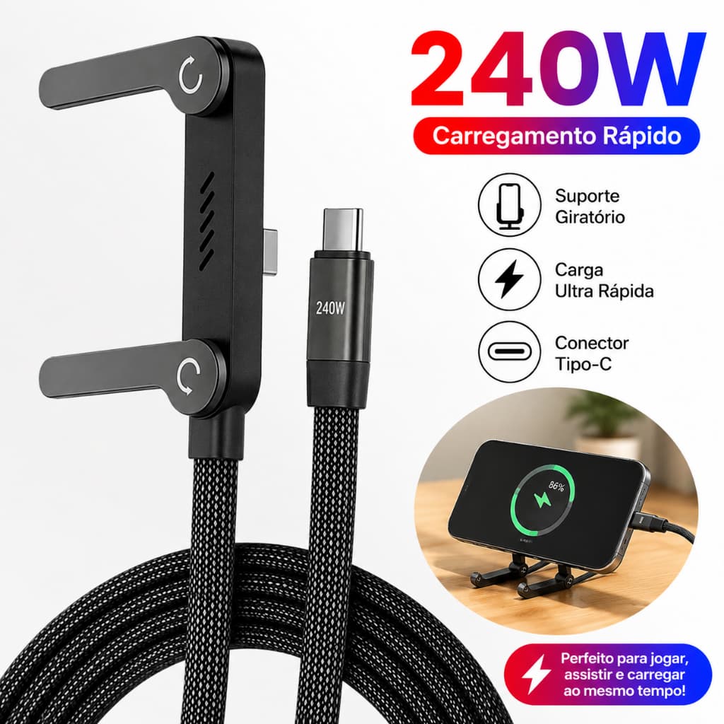 Cabo USB A para Tipo C 240W Carregamento Rápido Suporte de Mesa Dobrável 360° 90° 480Mbps E-Marker