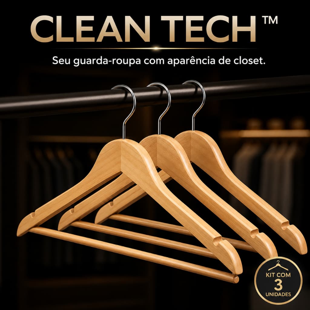Kit 3 Cabides de Madeira para Roupas Camisas Vestidos com Gancho Metálico Clean Tech