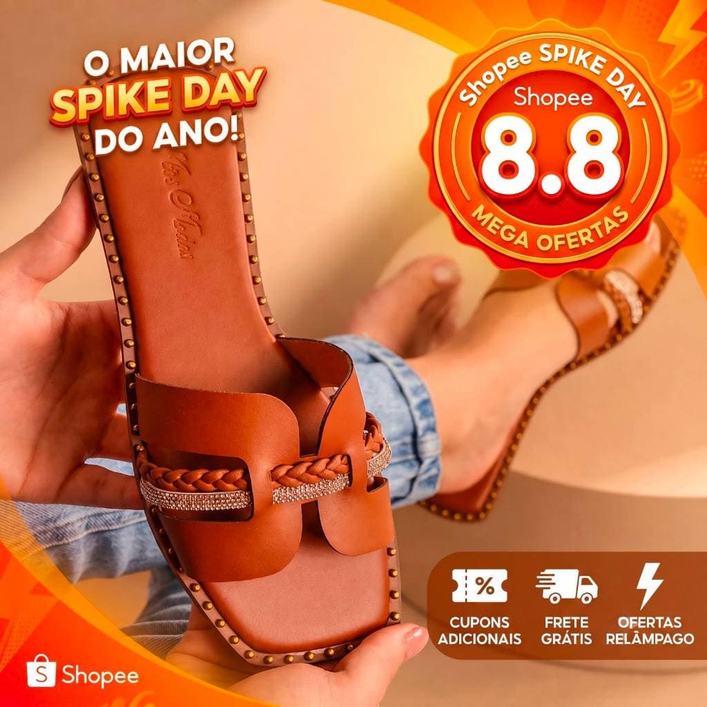 Sandália Feminina Rasteira Caramelo com Tiras Trançadas Brilho Pedrarias Confortável Casual Dia a Dia para Festa Passeio
