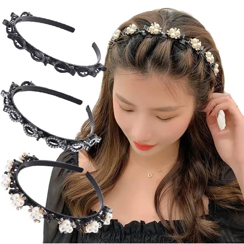 Tiara de Cabelo com Presilha Dupla Camada Pérolas Strass Trançado Feminina Antiderrapante Penteado Franja
