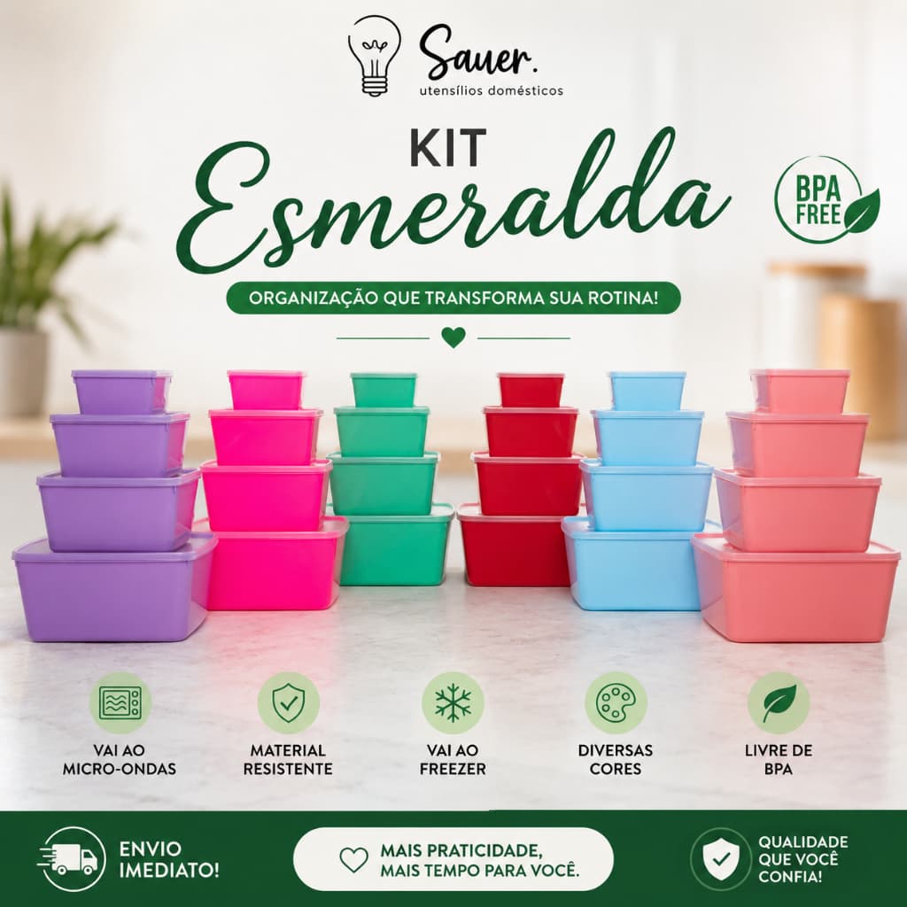 Kit Esmeralda 4 Potes Quadrados com Tampa - 0,5L a 5L - Acquamar - BPA Free
