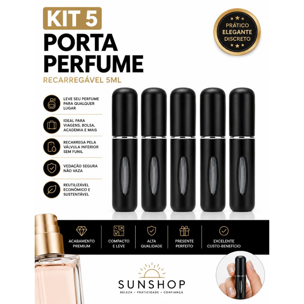 Kit 5 Porta Perfume Preto Recarregável 5ml Spray Atomizador Mini Frasco Decant Para Bolsa Viagem Necessaire