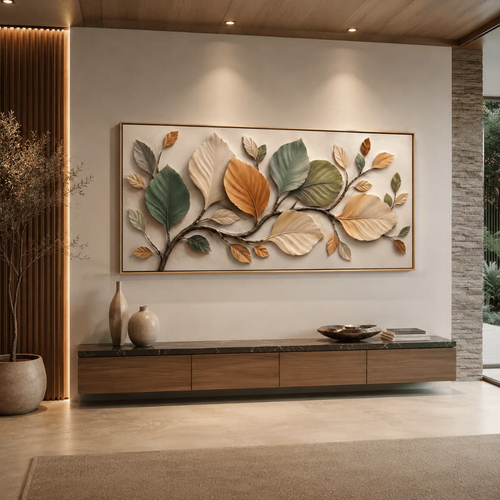 Quadro Decorativo Folhas Verdes Bege E Marrom Moderno Luxo Minimalista Delicado Clean Elegante
