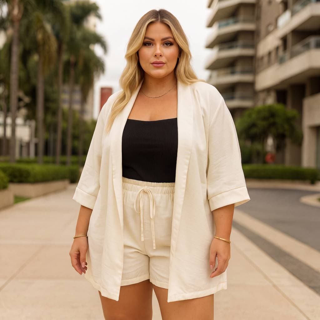Conjunto Feminino Kimono Plus Size Longo e Shorts Saída De Praia Versátil Moda Verão Blogueira Confortável 2892A