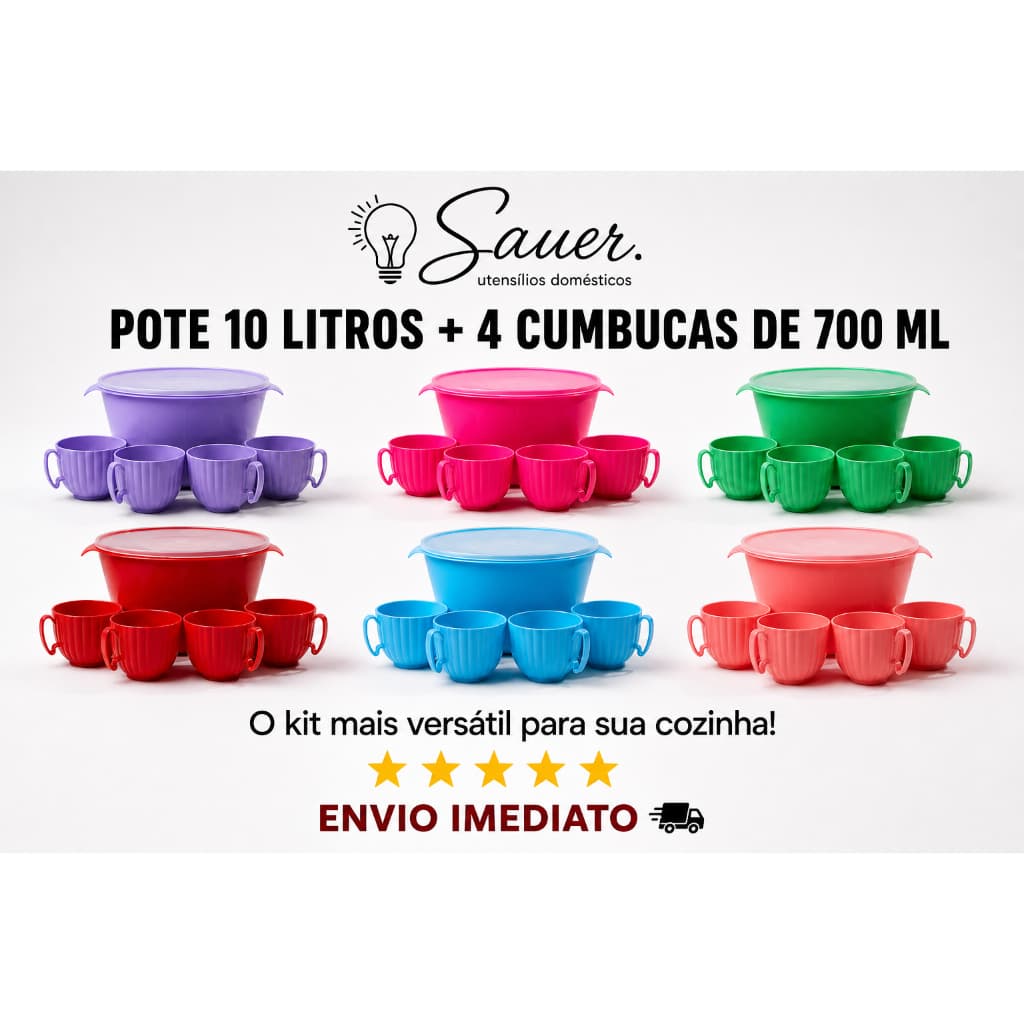 Kit Pote com Tampa 10 litros e 4 Cumbucas 700 ml com Alça para Sopa, Caldos, Lamen, Miojo