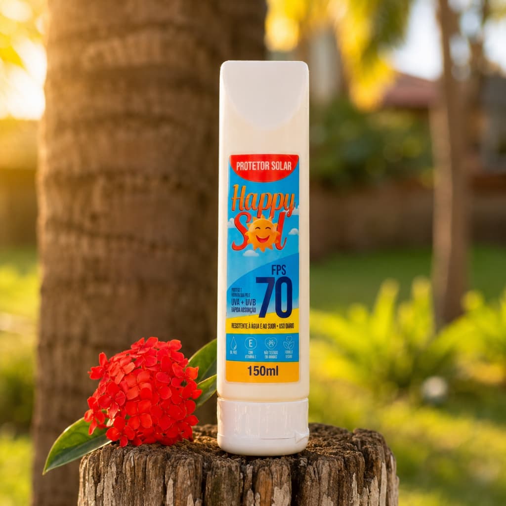 Protetor Solar Happy Sol FPS 70 150ml | Toque Seco, UVA+UVB, Resistente à Água e Suor - Rosto e Corp