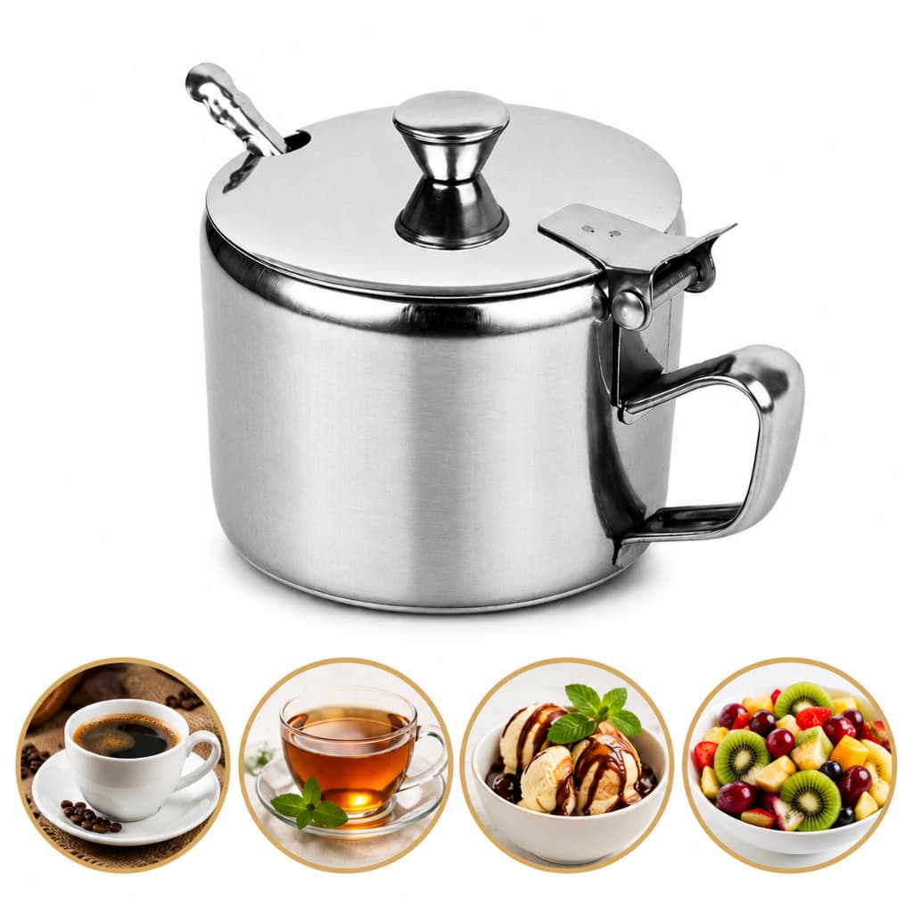 Açucareiro Inox 220ml com Colher Tampa Articulada Porta Açúcar Aço Inoxidável Elegante para Café Mesa Cozinha