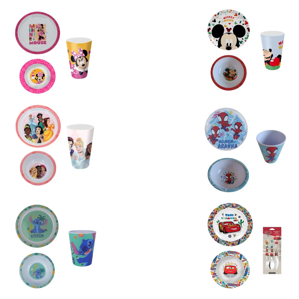 Kit Infantil Personagens 3 Peças | Prato Fundo, Bowl e Copo