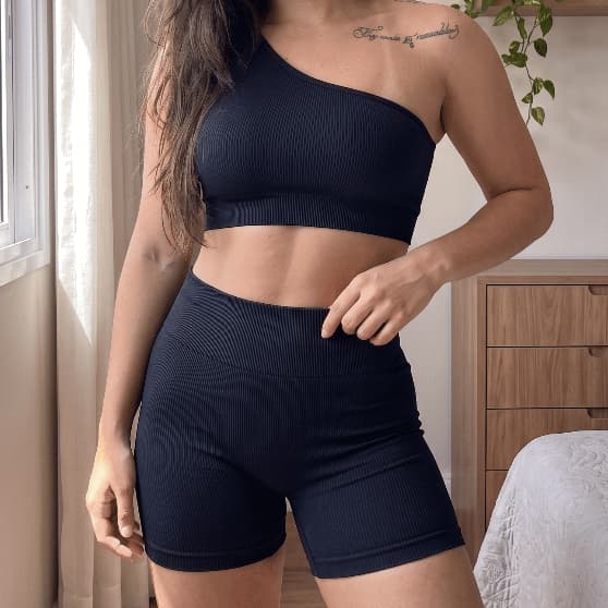 Conjunto Fitness Feminino Top Um Ombro Só + Short Cintura Alta Zero Transparência