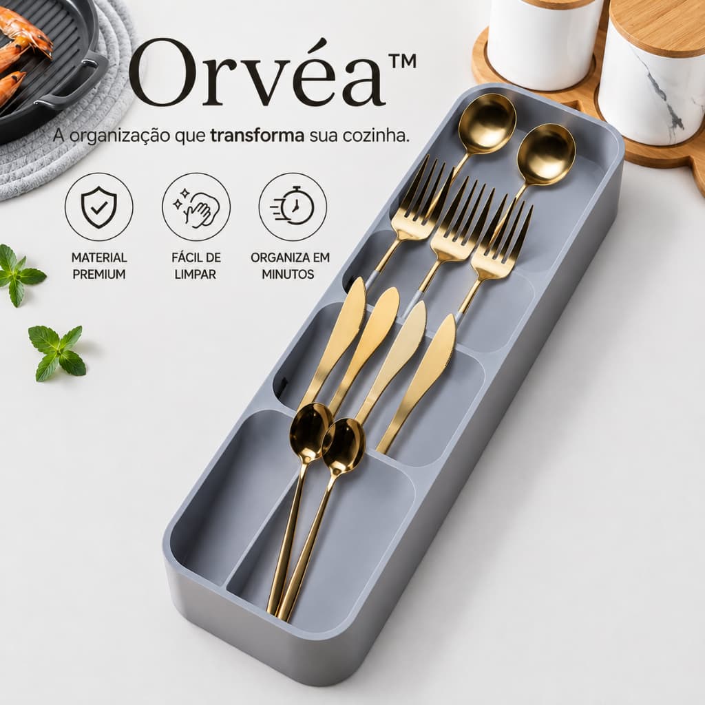 Organizador de Talheres para Gaveta Orvéa™ Cinza 5 Compartimentos Resistente Organizador de Cozinha