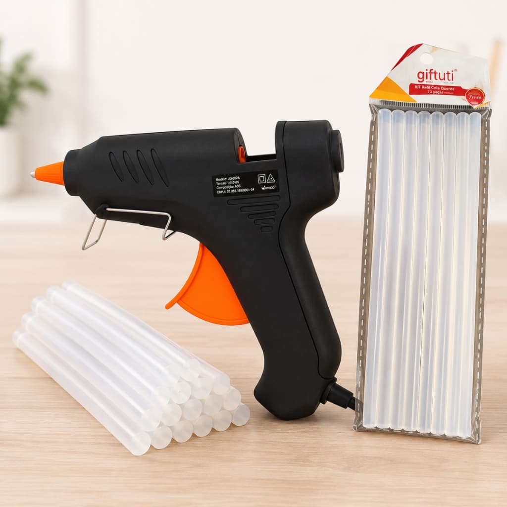 Kit Pistola de Cola Quente + 8 Bastões de Refil Aplicação Precisa para Artesanato e Reparos