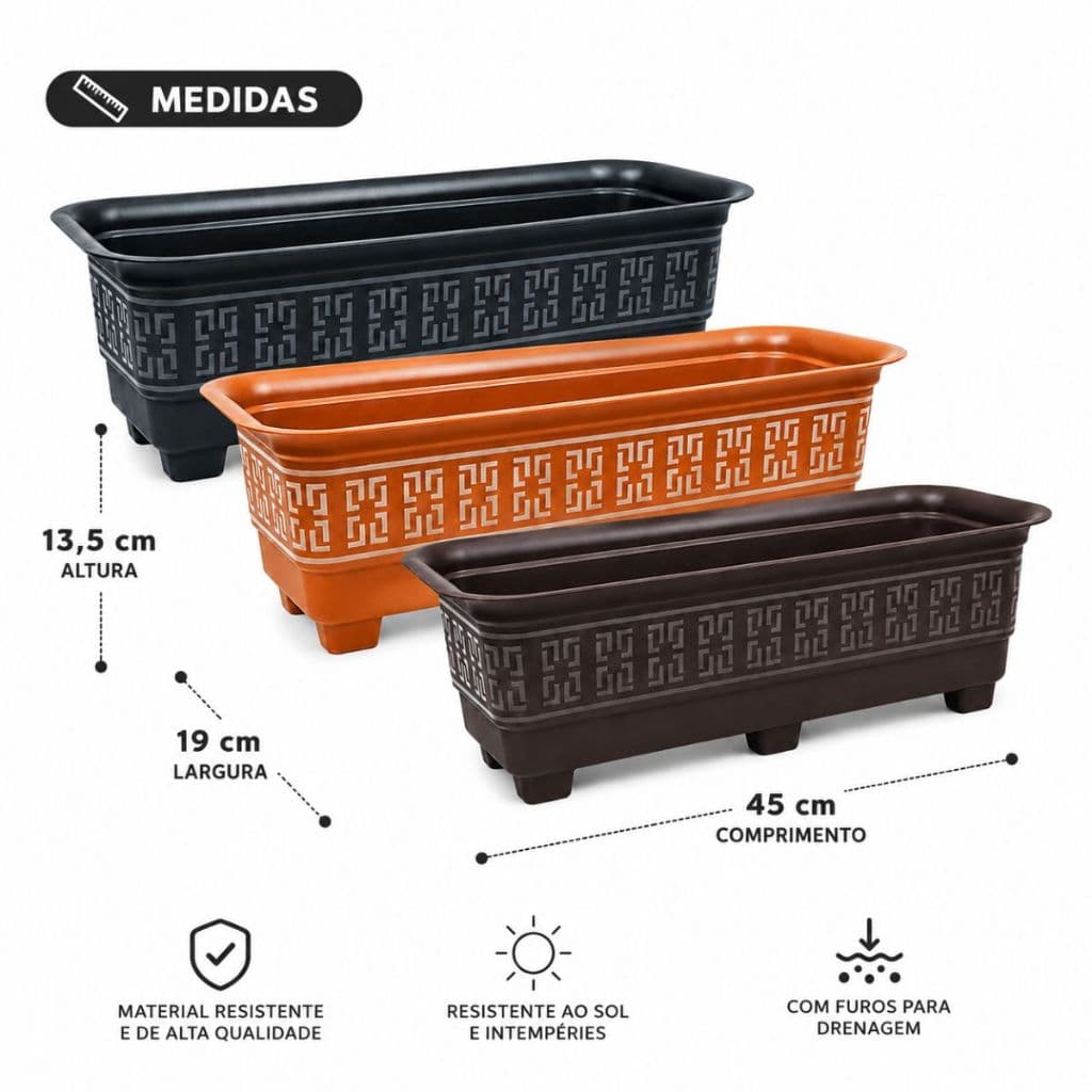 Vasos Jardineira Plastica 6 Litros Resistente Sol Chuva Kit 3 Peças