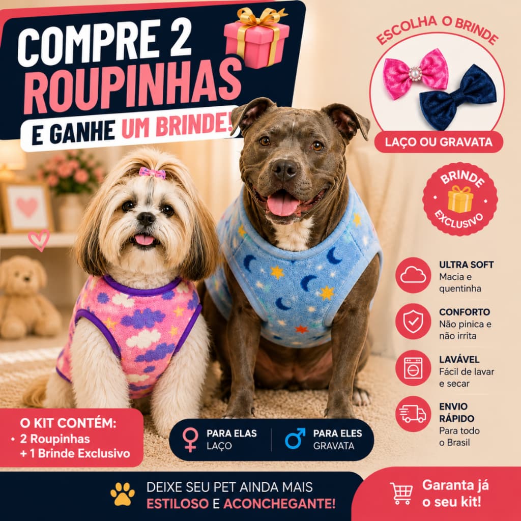 Kit 2 Roupas para Cachorro Pet Inverno Ultra Soft + Brinde Exclusivo Laço ou Gravata - P ao G1