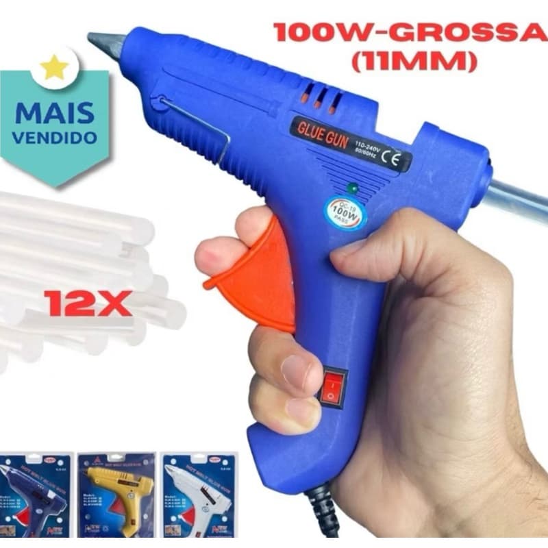 Pistola de Cola Quente Profissional Grande 100W  Botão LIGA/DESLIGA Bivolt 110-220V