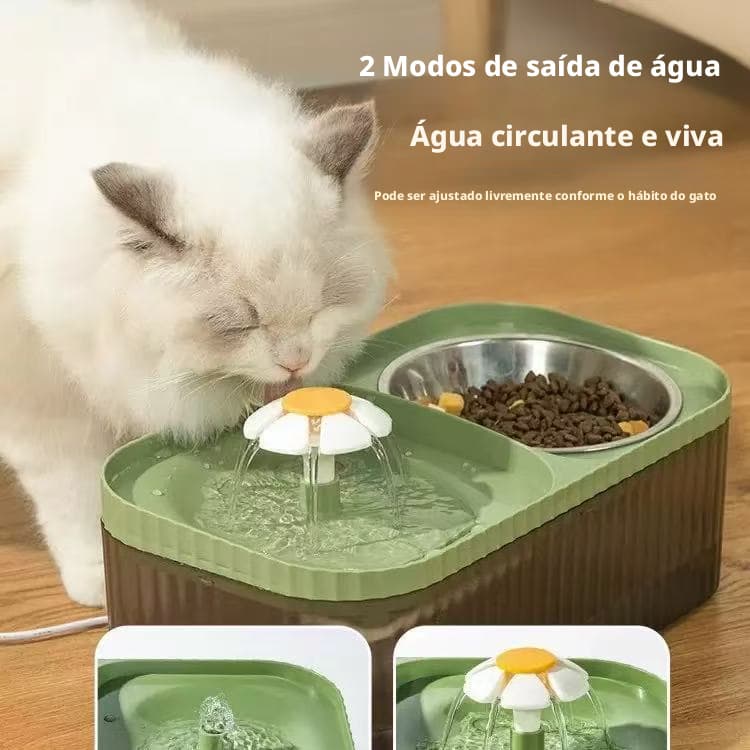 Fonte de Água com Tigela de Aço Inoxidável 2 em 1 para Pets | Bebedouro + Comedouro | Bico Margarida Atrai o Pet | Tigel