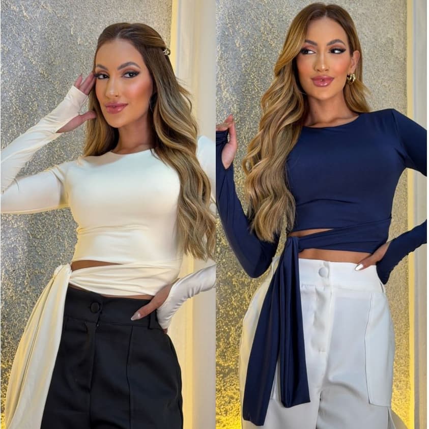 kit 2 Cropped Frente Dupla Suplex Manga Longa e Amarração na Cintura Moda Feminina