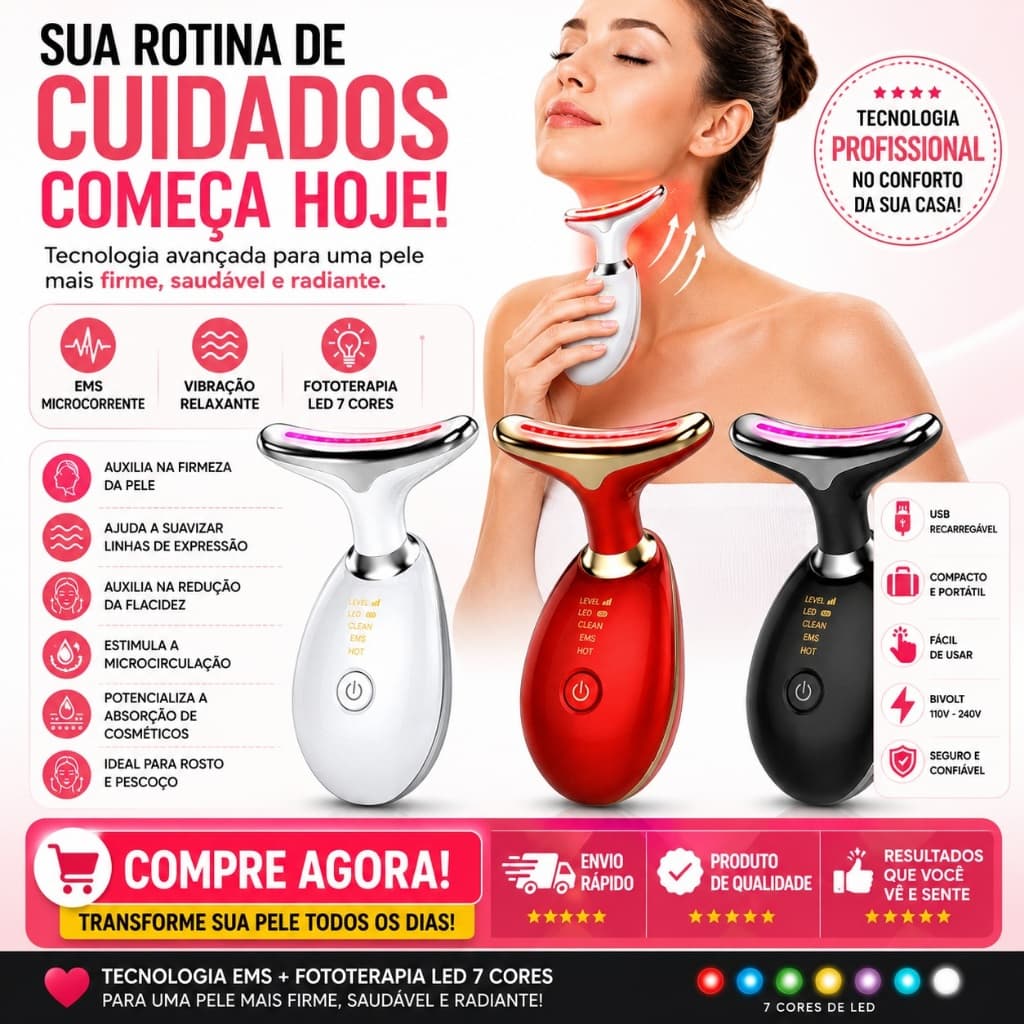 Massageador Facial EMS LED 7 Cores Bivolt Rejuvenescimento Anti Rugas Lifting Facial USB Para Papada e Flacidez