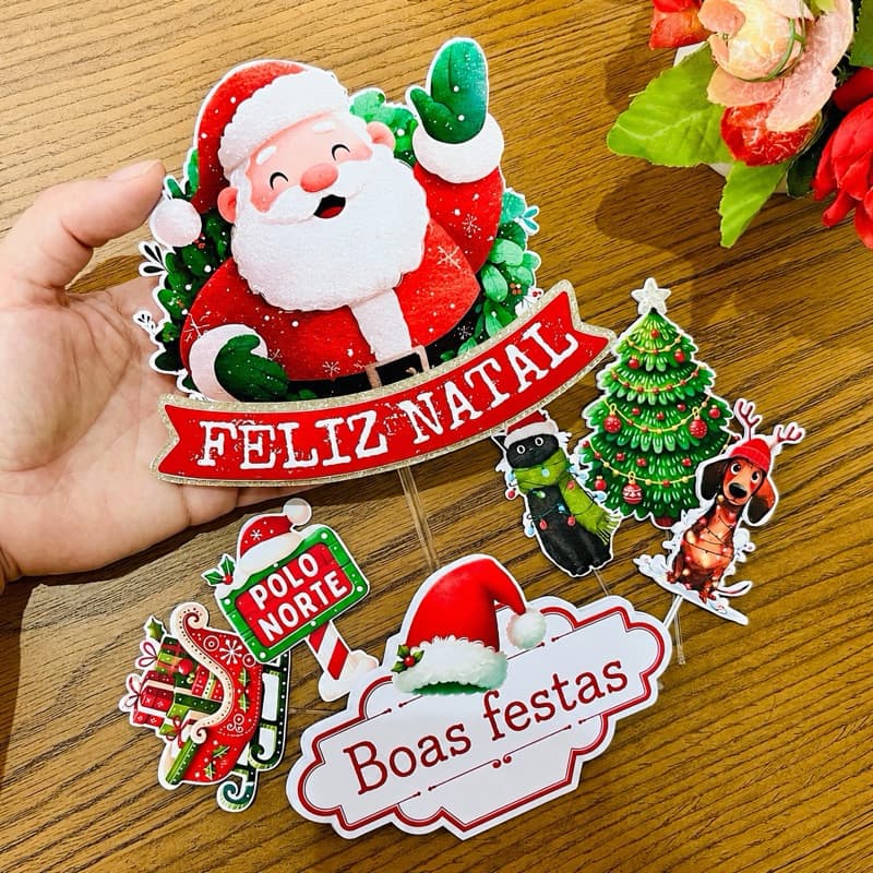 Topo de bolo Natal Festa fim de ano 2026 Presente de Natal Topper Papai Noel decoração Natal topo natalino personalizado