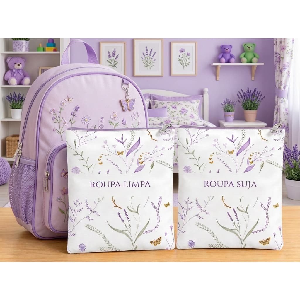 Kit 2 Saquinho Organizador Roupa Limpa e Suja Infantil Creche Escola Maternidade Impermeável Menina Flores Floral