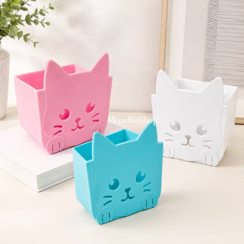 Cesto Organizador Multiuso Gato Porta Lápis/Caneta Quadrado Gatinho Coloridos