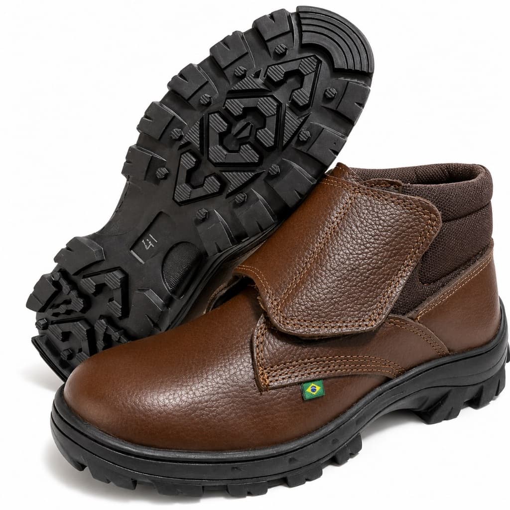 Bota botina de segurança velcro couro marrom resistente