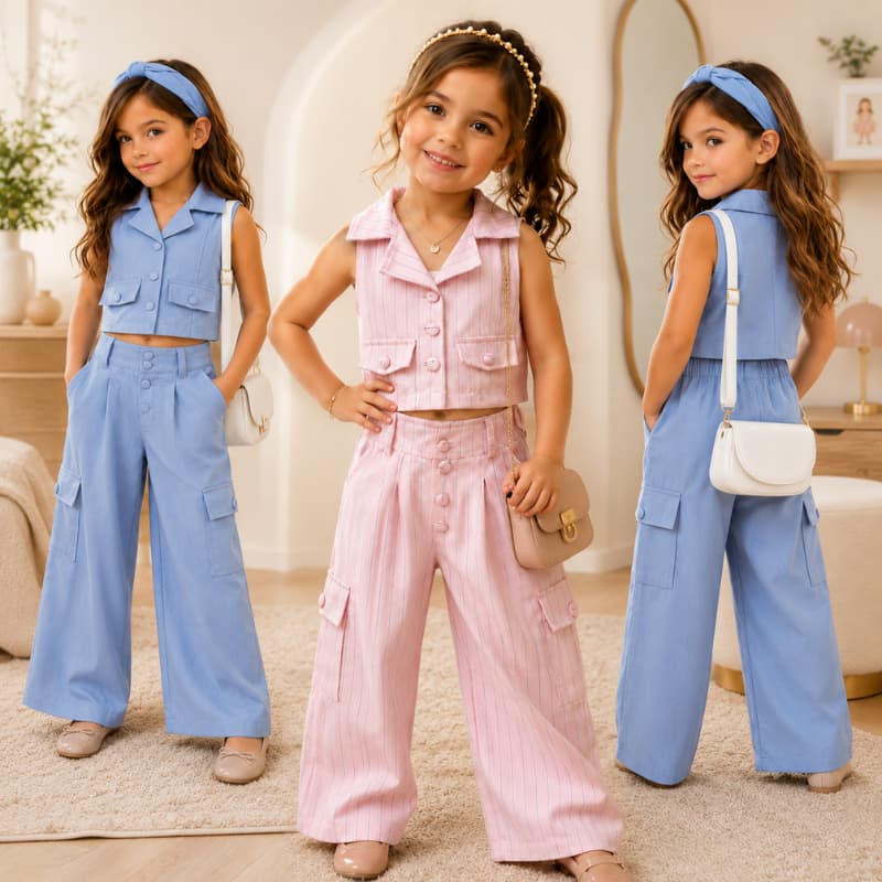 Conjunto Infantil Menina 2 Peças Alfaiataria Colete e Calça Cargo Look Festa Tamanho 4 ao 10