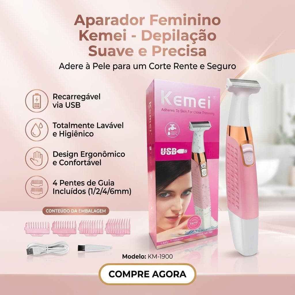 Depilador Feminino Aparador Kemei KM-1900 Recarregável Sem Fio