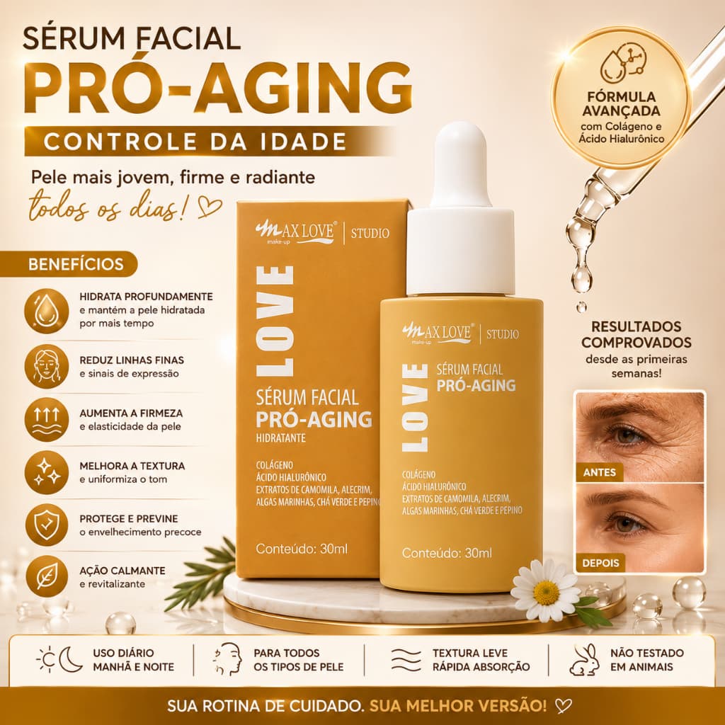 Sérum Facial Pró-Aging Max Love 30ml | Colágeno + Ácido Hialurônico | Hidrata, Firmeza e Controle da Idade