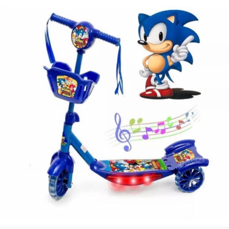 Patinete Infantil Sonic 3 Rodas Musical com Cesta, Freio Traseiro e Guidão Regulável Azul