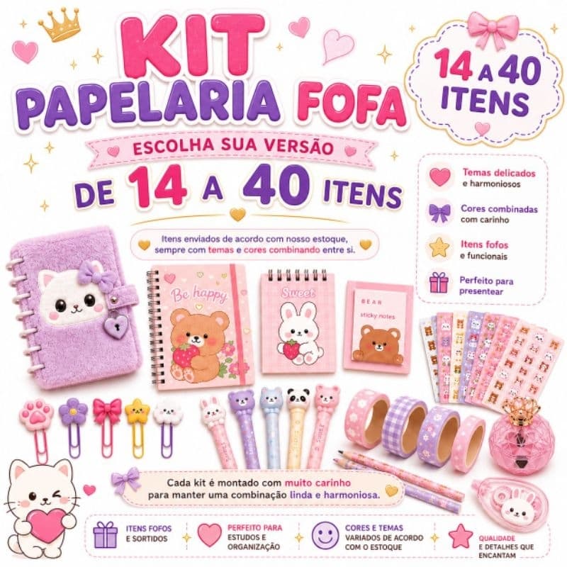Kit Papelaria Fofa Kawaii Completo 14 A 40 Itens Caderno Pelúcia Canetas Adesivos Presente Infantil Menina