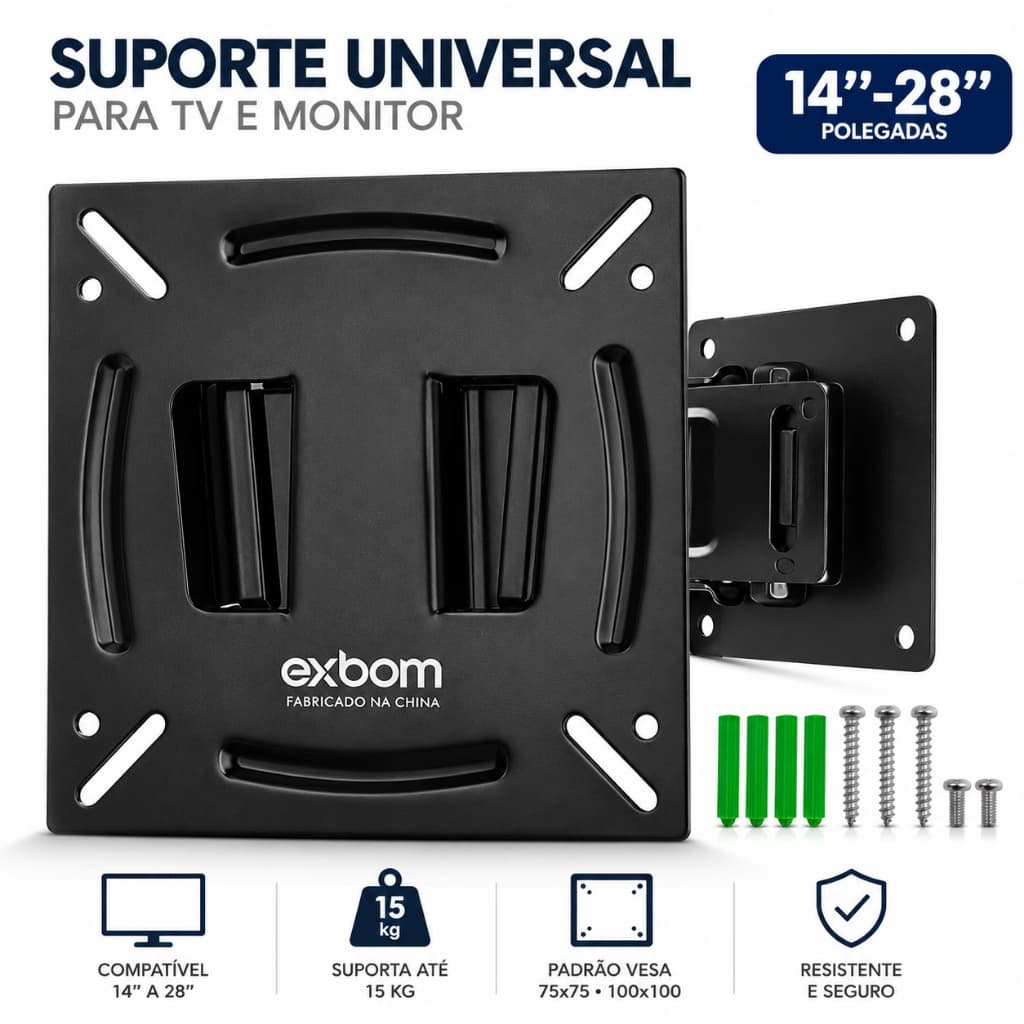 Suporte Universal Fixo para TV e Monitor 14" a 28" VESA 75x100 Até 15kg