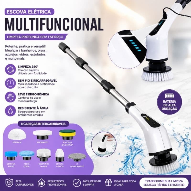 Escova de Limpeza Elétrica Rotativa 9 em 1 Esfregão Multiuso Cabo Extensível Bivolt para Banheiro e Cozinha