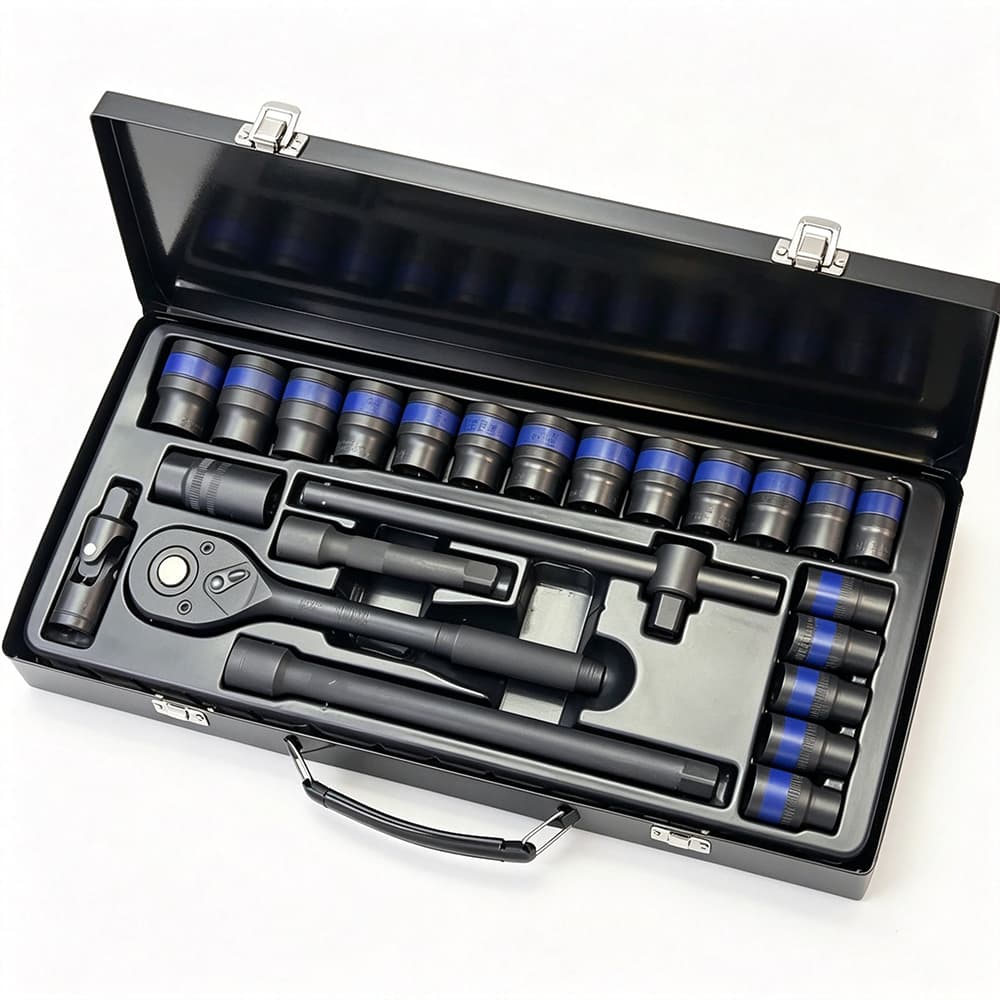 Kit de Soquetes 24 Peças 1/2" Aço CR-V Maleta Metálica Reparo Automotivo Ferramenta de Catraca Profissional