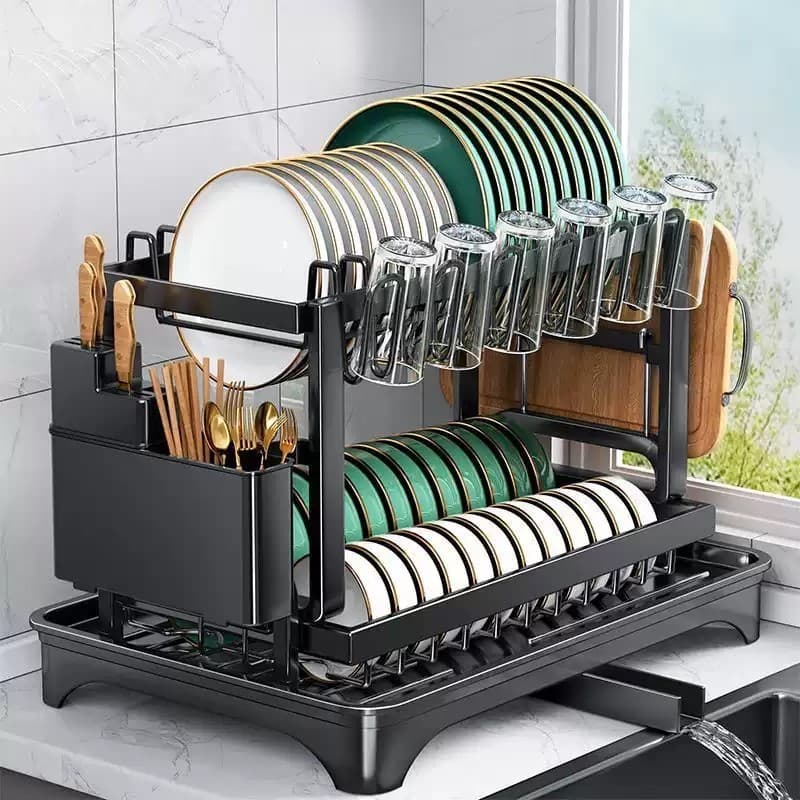 Escorredor de Louças Preto em Aço Carbono - Organizador de Cozinha, Rack para Pratos e Copos, Dreno e Secagem