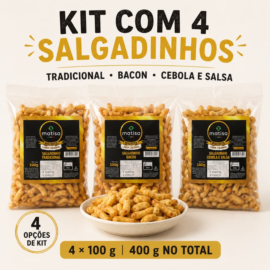 Kit 4 Pacotes Salgadinho Matisa 100g Biscoito Salgado Tradicional Bacon Cebola e Salsa 400g