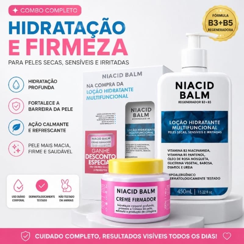 Kit Hidratante Pele Extra Seca Niacid Balm + Creme Firmador Colágeno Hidratação Intensiva